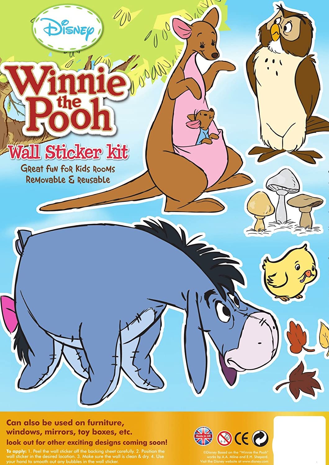 Disney Winnie The Pooh 3 Pack Wall Sticker Kit Character Winnie Eeyore Piglet Kangaroo Rabbit Owl