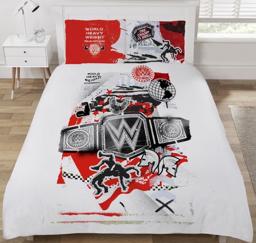 WWE Wrestling Champion Double Bed Duvet Cover Set Reversible Belt White Red