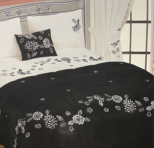 Quilted Throwover Bedspread Black Floral Silver 150cm x 220cm